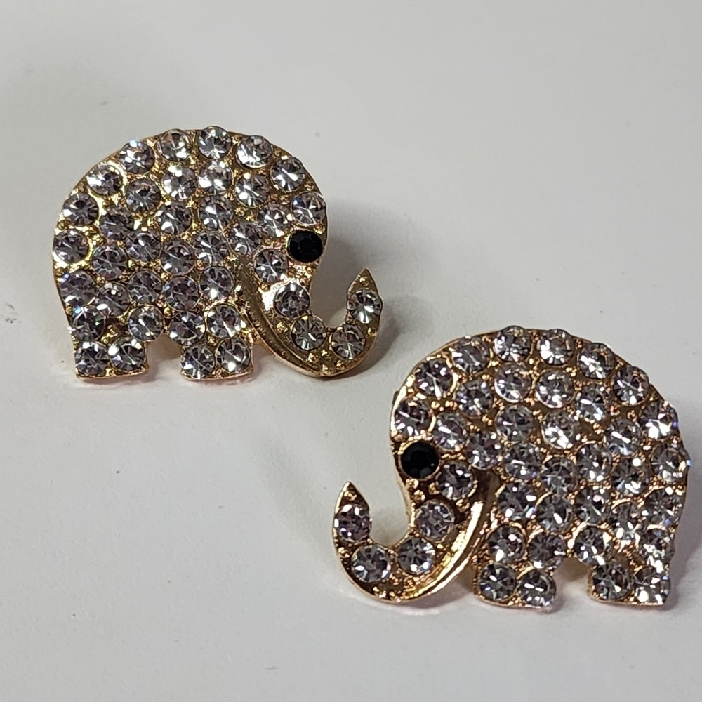 Gold with Crystal Rhinestones Elephant Earrings New